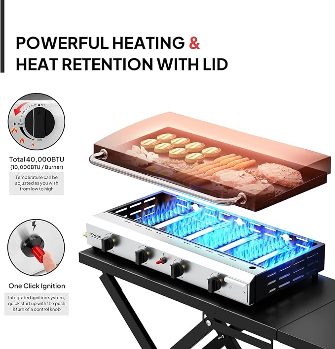 ROVSUN 4 Burner Foldable Propane Griddle with Wheels Enameled Tray &amp Lid 40000 BTU Portable Rolling Flat Top Gas Grill with Electronic Ignition &amp Regulator for Outdoor Cooking Camping BBQ Ta