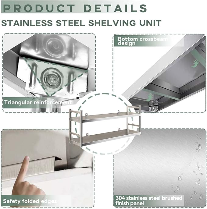Stainless Steel 2 Tier Shelves with Guardrail for Kitchen Pantry Multi Purpose Organizer Shelf Wall Mounted Heavy Duty Storage Rack for Kitchen Appliances(90x35x75cm)
