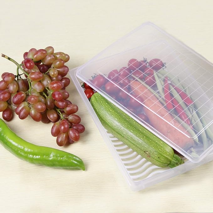 Food Storage Container Plastic Food Containers with Removable Drain Plate and Lid Stackable Portable Freezer Storage Containers - Tray to Keep Fruits Vegetables Meat and More (4Large)