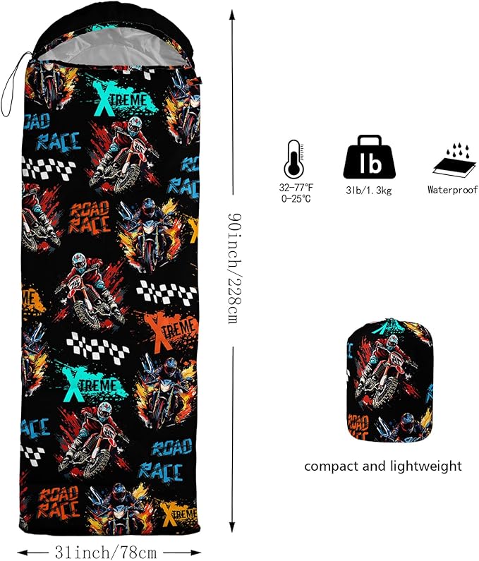 Axolotl Dirt Bike Sleeping Bag for Boys Cool Road Race Waterproof Camping Bag Colorful Motocross Motorcyclists Portable Camping Backpacking for Travelling Outdoor Indoor Hunting Gear Equipment