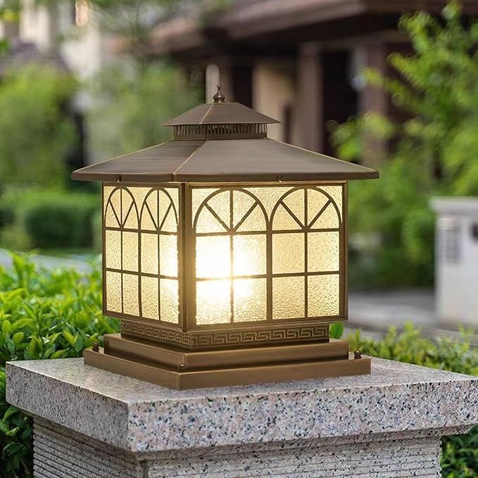 All Copper Steel Glass Outdoor Post Lights Waterproof Pillar Light Vintage Patio Lawn Column LampOutdoor Column LightsDeck Lights Lantern Fence Lamp Fixture E26 Base (Arch Glass 12X12IN)