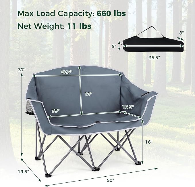 Tangkula 2 Person Camping Chair Portable Oversized Outdoor Folding Camp Chair Loveseat with Padded Seat Cup Holder Carry Bag Heavy Duty Lawn Chair for Beach Fishing Travel (Gray 2-Person)