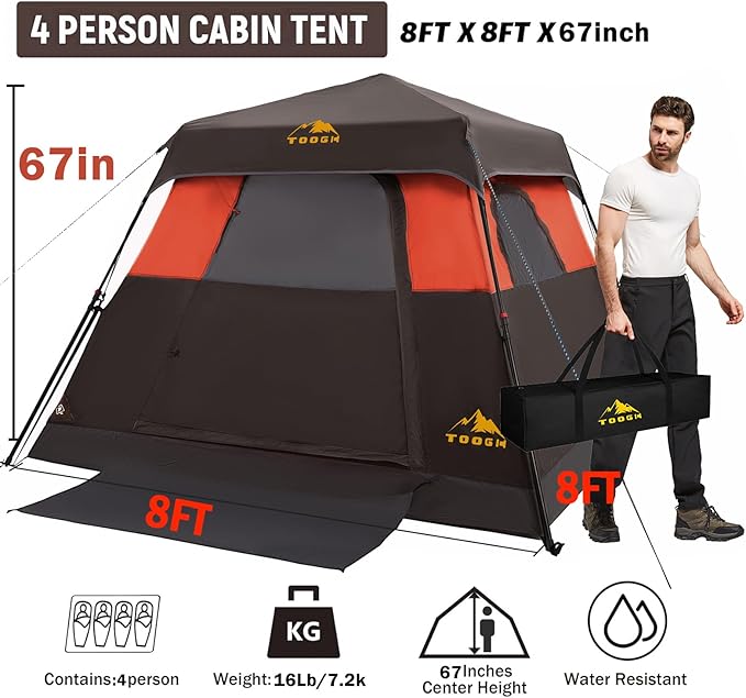 3/4 Person Camping Tent with 1 Door 4 Windows and Upgraded Ventilation– Instant Setup Waterproof 8'x 8'x 67''Oxford Fabric Floor Pop Up in 60 Seconds Includes Rainfly and Backpack