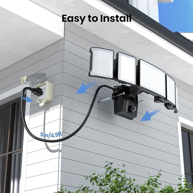 Olafus 120W Plug in Flood Lights Dusk to Dawn LED Outdoor Light with Remote 5 Adjustable Heads IP65 Waterproof LED Security Light with Photocell for Yard Garden Porch Black