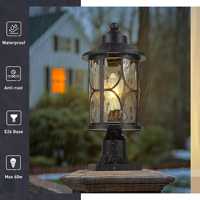 zeyu Pillar Light Outdoor 16.9 Inch Dusk to Dawn Outdoor Light Fixture Post with Photocell Sensor Exterior Post Lamp with Water Ripple Glass ZX48MP PC WG BK