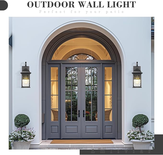 Emliviar Modern Porch Wall Sconces Set of Two 15 Wall Lights Outdoor with Water Ripple Glass Black Finish DE279B-2PK BK-WP
