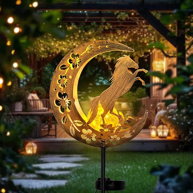 Solar Lights Outdoor Waterproof - Moon &amp Horse Landscape Lighting Weatherproof SolarGarden Stakes with 8-10H Auto On/Off Decorative Pathway Markers for Driveway/Walkway/Equestrian Farms