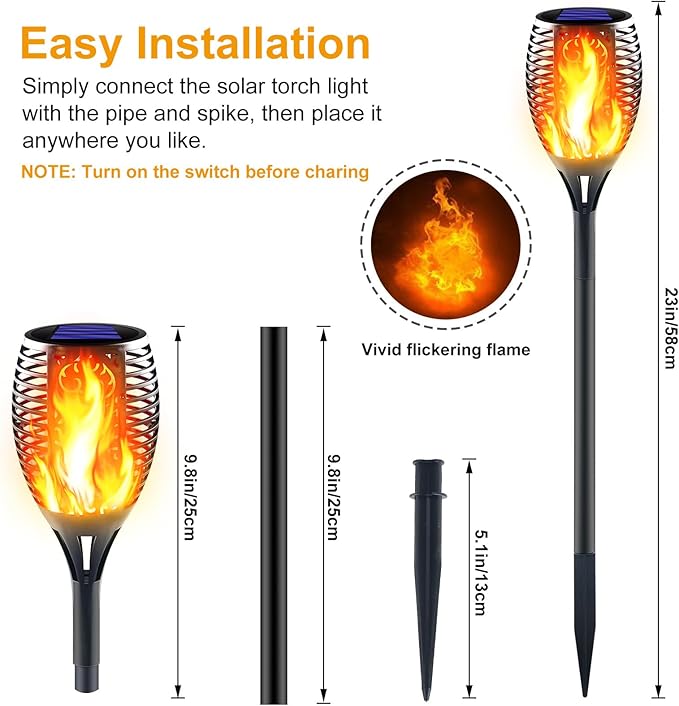 Large Solar Torch Light with Flickering Flame Upgraded Outdoor Decorative Solar Tiki Torches for Outside Super Bright Landscape Lighting for Garden Pathway Yard Auto On/Off (8 Pack)