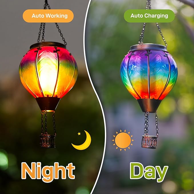 Solar Hot Air Balloon Lantern with Flame Hanging Glass Hot Air Balloon Solar Lantern Waterproof Decorative Outdoor Hot Air Balloon Solar Light for Outside Garden Patio (Purple Gradient)