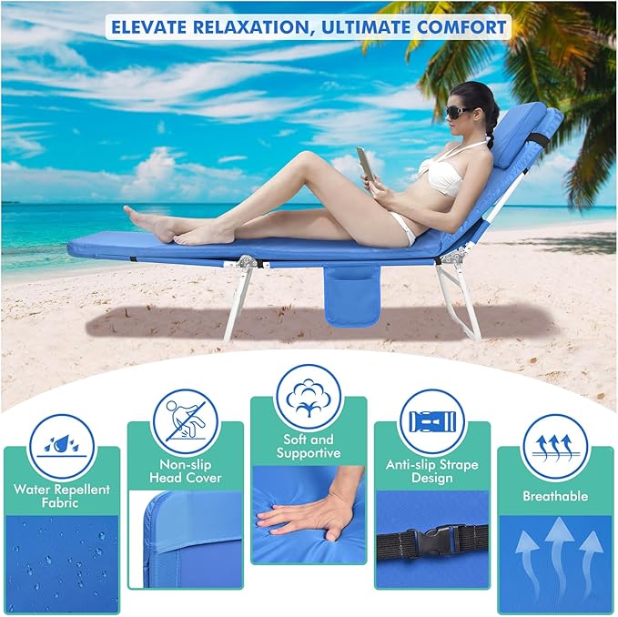 3 in 1 Women Comfort Backpack Tanning Beach Chair with Face Hole Padded Adjustable &amp Cushion | Portable Folding Lounge Sun Chair for Adult Outside Reading Sunbathing Poolside | Reclining 6 Positio