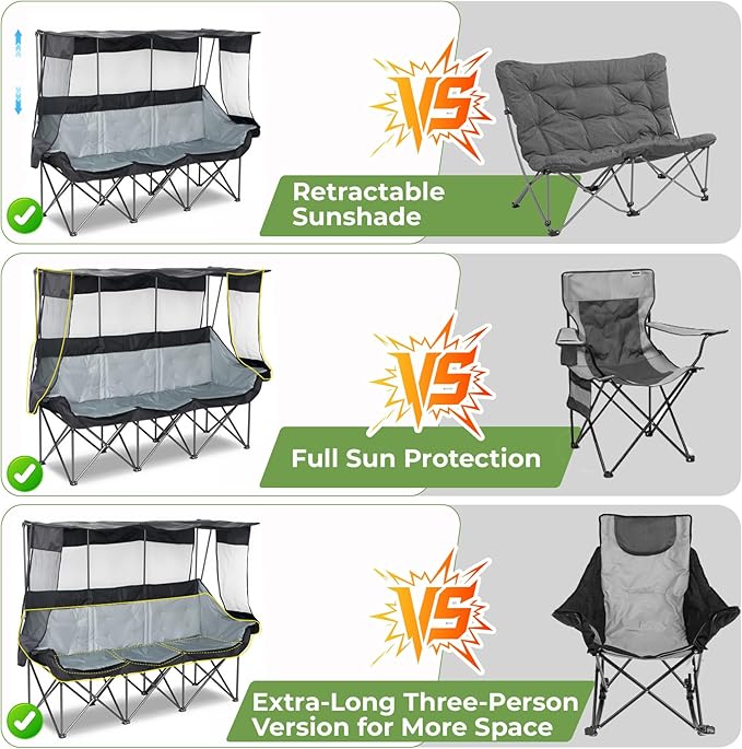 Oversized 3 Person Camping Chair with Canopy Shade Fully Padded Outdoor Folding Camping Chair Suitable For Outdoor Camping Lawns And Backyards Equipped With Cup Holders And A Portable Storage Bag