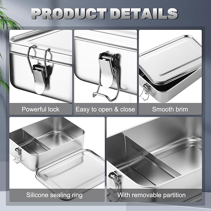 Umigy 4 Pcs Stainless Steel Food Containers 2400ml Metal Bento Lunch Box Stainless Steel Food Storage Containers Lockable Clips to Leak Proof Reusable Dishwasher Snack Boxes for Work