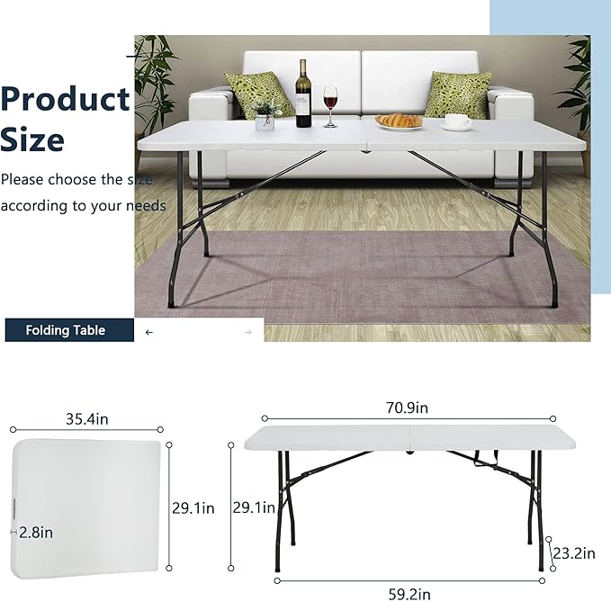 6 Ft White Folding Table Portable Table Camping Table Outdoor Collapsible Dinner Table Outdoor Tables for Patio Yard Wedding Party Cocktail Display