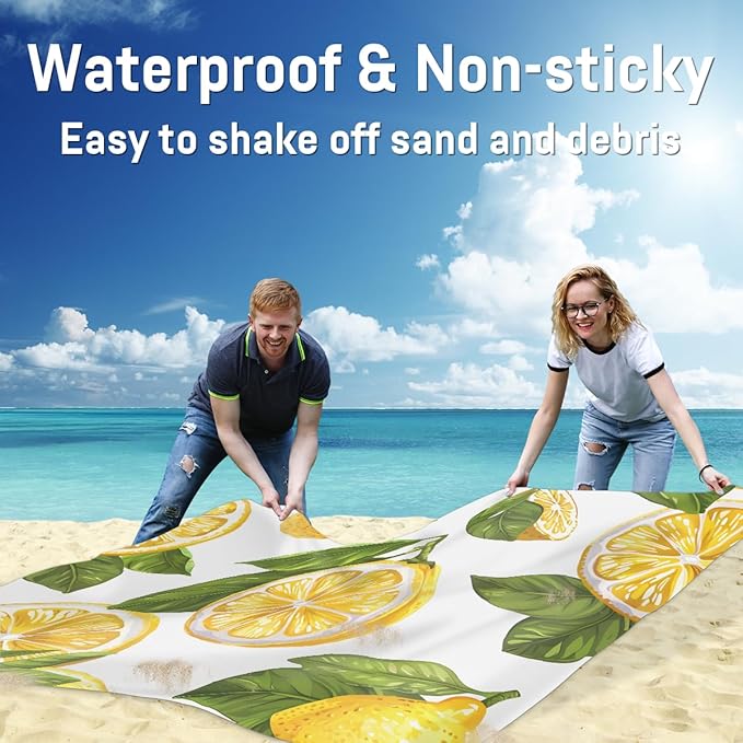 Waterproof Sandproof Beach Blanket 59''×68'' Lemon Polyester Outdoor Picnic Blanket with 4 Stakes &amp Storage Bag for BeachCampingVacation White Background
