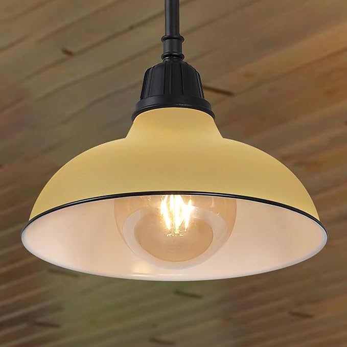 JONATHAN Y 12.25 Matte Yellow 1-Light Farmhouse Indoor/Outdoor LED Pendant Iron Hanging Light and Black Metal Shade Rustic Ceiling Lamp for Kitchen Island LED Bulb Included (JYL7611H)