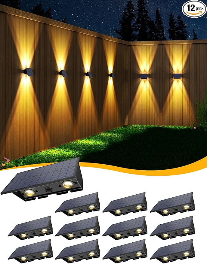Solar Fence Lights12Pack Solar Lights Outdoor Warm White Up &amp Down Wall Lights Waterproof 100 Lumens Dusk to Dawn Solar Powered Fence Light for Outside/Backyard/Pool/Railing/Patio/Porch/Step