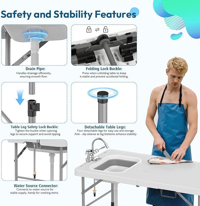 HLPB Fold in Half Folding Fish Cleaning Table with Sink Foldable Protable Camping Sink Table with Drainage Hose &amp Fish Cleaning Kit Fish Fillet Cutting Desk for Picnic Patio Backyard BBQ White