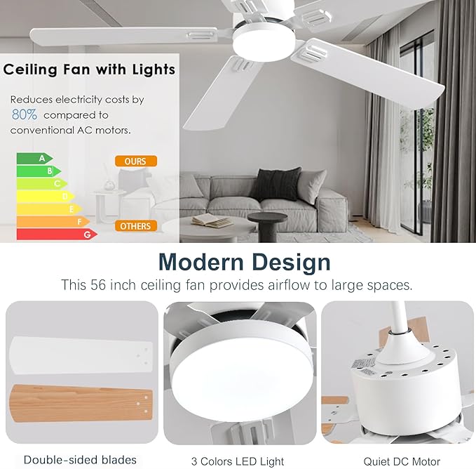 56inch Modern White Ceiling Fans with Lights and Remote/App Control Dimmable LED Reversible DC Motor Noiseless 6 Speeds Low Profile Ceiling Fan for Livingroom Indoor/Outdoor Use