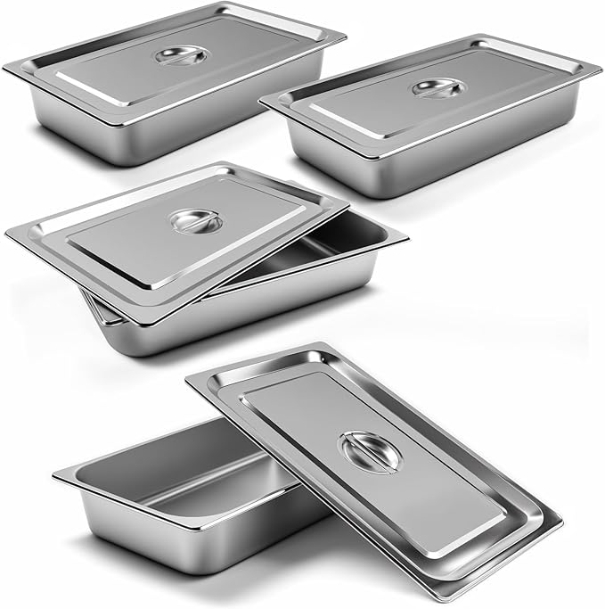 4 Pack Stainless Steel Hotel Pan 1/1 Full Size x 4 Deep Steam Table PAN 0.8 mm Thick with Lid Anti Jam PAN Stainless Steel Steamer 20.8 x 12.8 x 4 inch for Hotel Restaurant Buffet