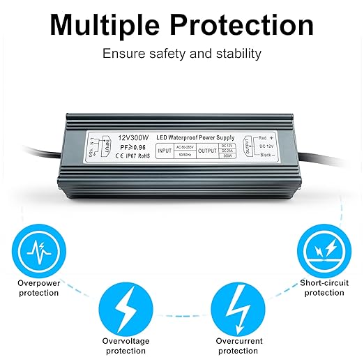 inShareplus 12V 300W Power Supply AC 80-265V to DC 12 Volt 25A IP67 Waterproof LED Power Supply Low Voltage Transformer Outdoor Driver with 3-Prong Plug 3.3 Feet Cable for LED Light Outdoor Use