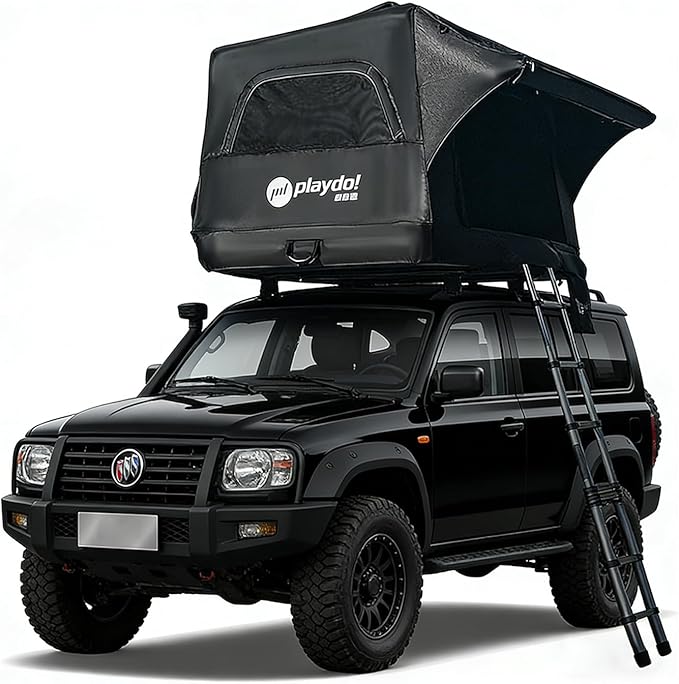 PlayDo Inflatable Rooftop Tent Easy Setup Camping Tent for The Roof of Sedans Pickup Blow Up Roof Top Tents SUV Truck Van Glamping Tent with Porch Strip Light for 2-3 Person