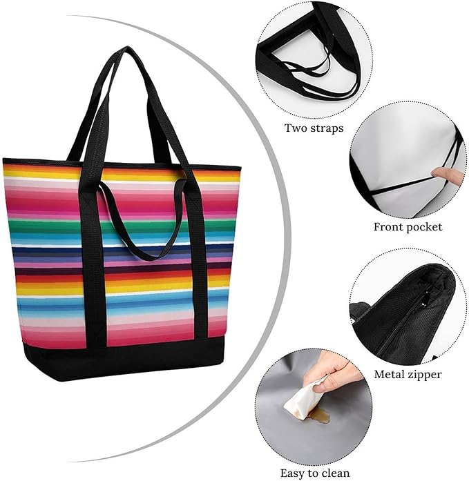 Insulated Shopping BagLarge Reusable Cooler Bags Colorful Mexican Stripes Printed Foldable Shopping BagTravel Waterproof Shoulder Bag