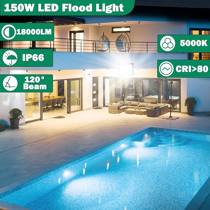 150W LED Flood Light18000LM Floodlight with PlugIP66 Waterproof Outdoor Lights 5000K Daylight White Security LightsOutdoor Floodlights for Yard Stadium Garden（2 Pack）