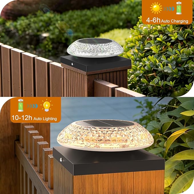 4x4 Solar Post Cap Lights 12 Pack: Fence Post Solar Lights with 3 Lighting Modes &amp Round Lampshade - Waterproof Outdoor Deck Post Light for Garden/Patio/Porch (Black)