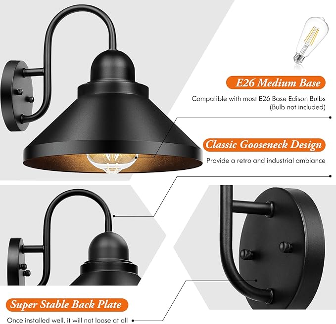 Brightever Gooseneck Outdoor Wall Sconces 2-Pack Large 10.23IN Farmhouse Barn Lights for Porch Industrial Black Exterior Wall Lights for Garage Patio E26 Base Anti-Rust Bulb not Included