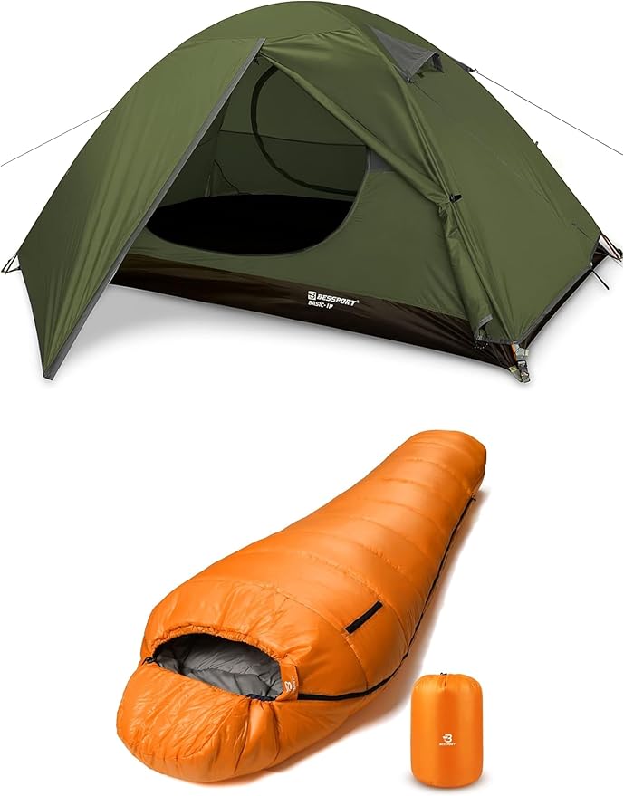 Bessport Mummy Sleeping Bag and Bessport Camping Tent 2 Person Tent Waterproof Two Doors Backpacking Tent Easy Setup Lightweight for Outdoor Hiking Mountaineering Travel
