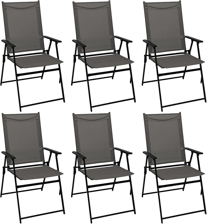 SHGJ&ampSOFT Set of 6 Folding Patio Chairs Outdoor Chair with Armrests for Lawn Garden Pool Beach Yard Lounge Metal Frame No Assembly Camping Chairs (Grey 6pc)