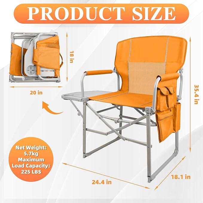 Camping Directors Chair Portable Folding Chair with Side Table and Pocket for Beach Camping Lawn &amp Fishing Tangerine