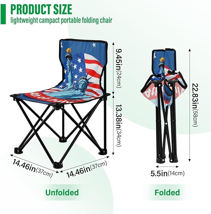 4th of July Independence Day Blue Liberty Compact Camping Chairs for Adults Ultra-Lightweight Folding Chair with Carrying Bag Outdoor Chairs for Travel Camp