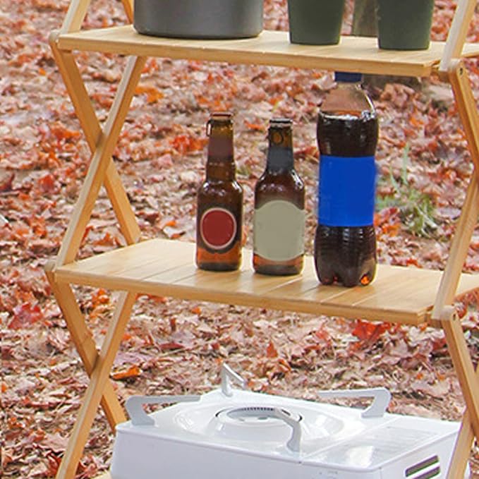 Wood Rack Portable Strong Bearing Capacity Folding Wooden Shelf for Outdoor Picnic 3 Layer Down Into Lightweigh Wood RackFolding Wooden ShelfCamping Portable Folding ShelfFolding (3 Layers)