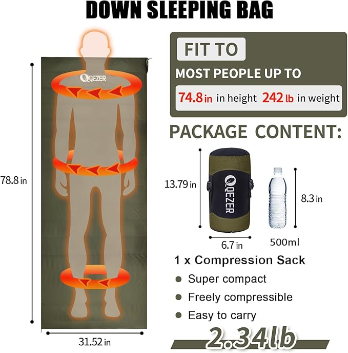 Down Sleeping Bag for Adults Ultralight Wearable Sleeping Bag for Backpacking Can Be Used as a Blanket or Mat