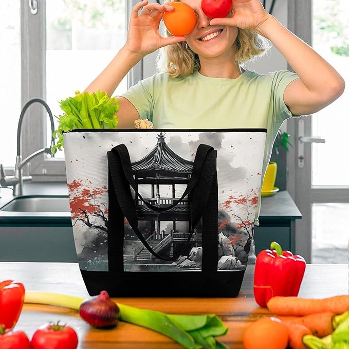 Insulated Shopping BagLarge Reusable Cooler Bags Chinese Ink Painting Printed Foldable Shopping BagTravel Waterproof Shoulder Bag