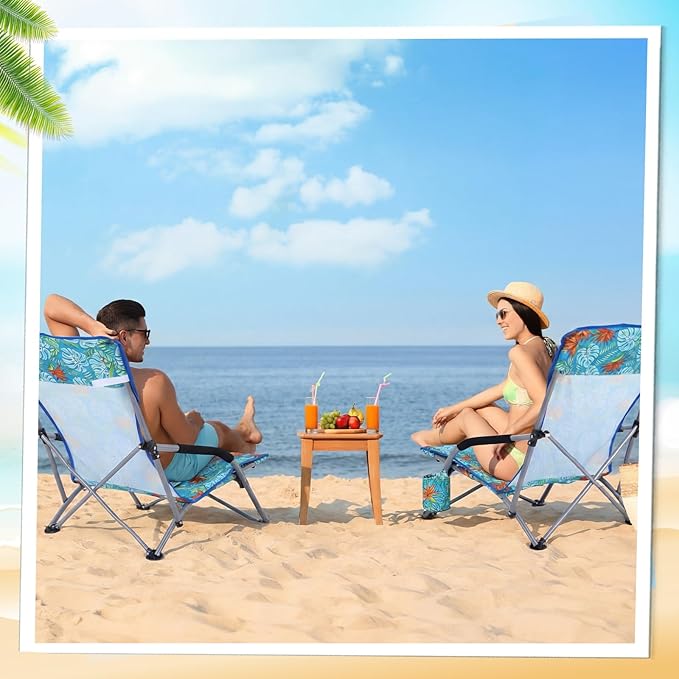 Karenhi 2 Pack Beach Chair Foldable Reclining Portable Lightweight Chair for Adults Camping Concert Lawn Sand Outdoor(Palm Leaves)