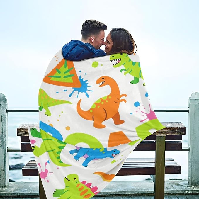 Blanket Throw For Women Cartoon Roaring Dino Fluorescent Blue Green White Sofa Throws 50x70 Inches