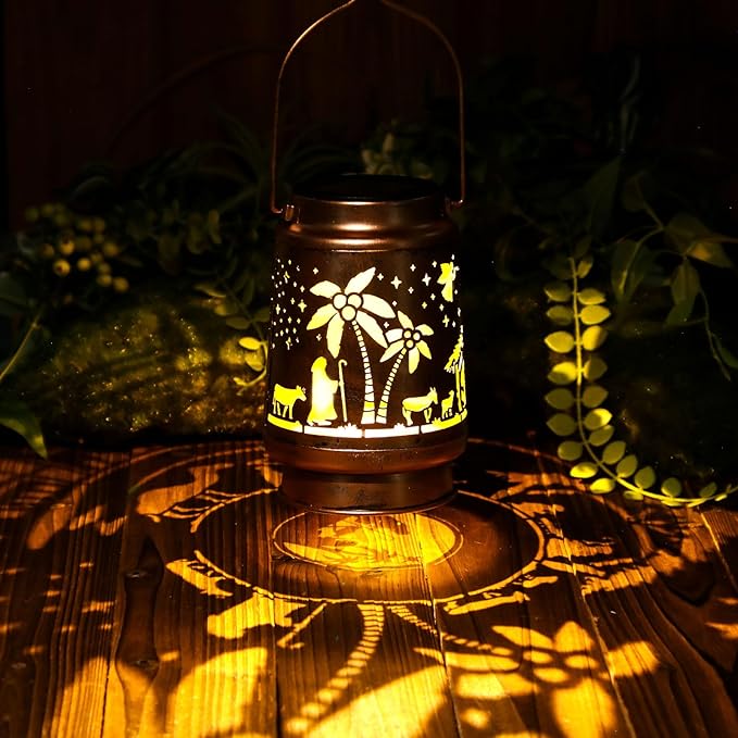 Christmas Solar Lanterns Outdoor Nativity Scene Waterproof Hanging Solar Lights Christmas Outdoor Decorations Gifts Men Women Metal Decorative LED Lantern for Yard Patio Lawn Pathway