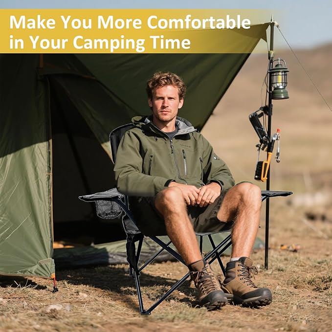 Folding Camping Chair with Cup Holder &amp Storage Bag 225lbs Capacity Large Anti-Sink Feet Breathable PE Coated Fabric for Outdoor Hiking Beach Fishing Backpacking Black