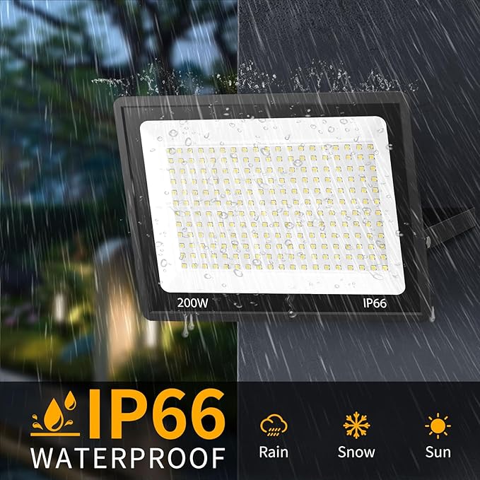 200W LED Flood Light Outdoor with 6ft Plug 24000LM Brighter Exterior Security Lights 5000K Daylight LED Work Light IP66 Waterproof for Yard Garage Stadium Lawn 2 Pack