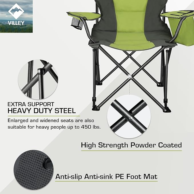 VILLEY Camping Chair Oversized Folding Camp Chair Portable Outdoor Chairs Support 400 LBS with Padded Seats Cooler Bag Cup Holder Carry Bag Green