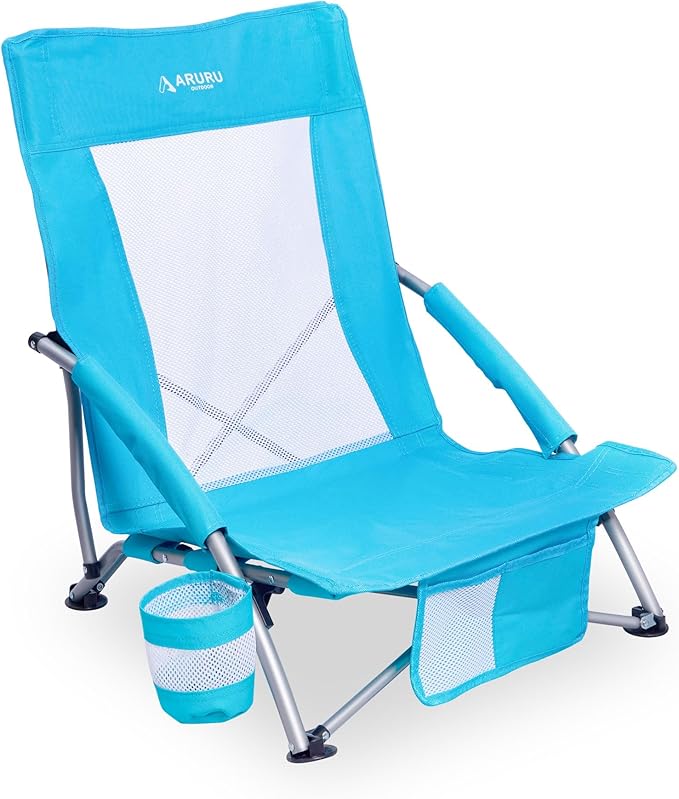 Low Folding Beach Chairs for Adults Portable Lightweight Sling Beach Camping Chair with Cup HolderArmrestFoldable Camp Lawn Chair for Outdoor Sand Concert Travel Sport Events