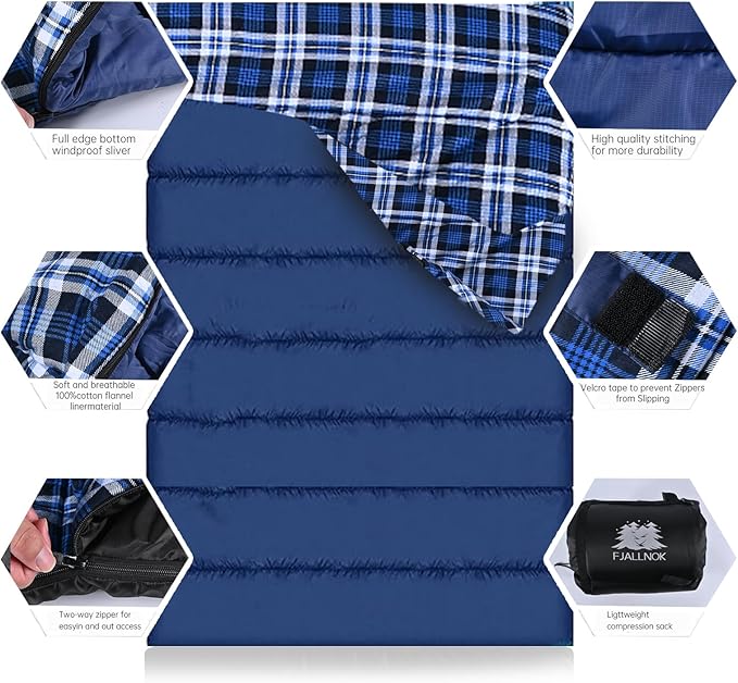 Double Sleeping Bag Cotton Flannel for Camping Backpacking Or Hiking. Queen Size 2 Person Waterproof Sleeping Bag for Adults Or Teens. Lightweight with Compression Sack