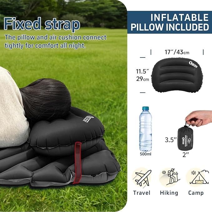 Ultralight Backpacking Sleeping Pad for Camping with Inflatable Neck Camping Pillow Lightweight Inflatable Sleeping Pad for Adults Portable for Hiking Car Travel - Durable &amp Comfortable