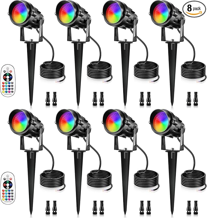 12W RGBW Color Changing Landscape Lights - Low Voltage LED Landscape Lighting Remote Control Spotlight Outdoor Waterproof Garden Pathway Halloween Christmas Spot Lights 8 Pack with Connector