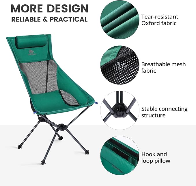CAMEL CROWN High Back Camping Chair with Pillow Design Folding Compact Backpacking Chair Stable Portable Chair for Outdoor Camp Travel Beach Picnic Festival Hiking