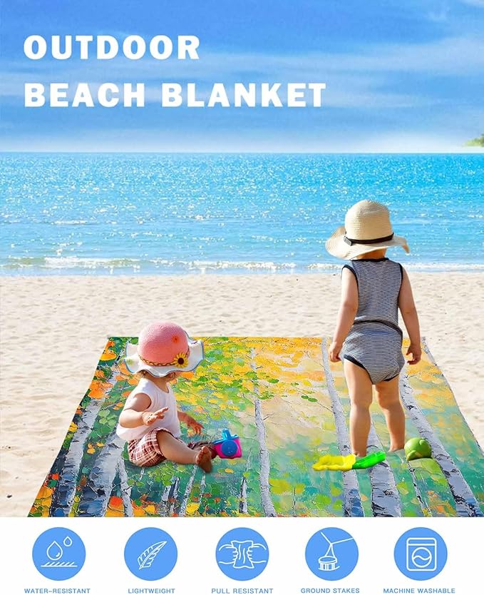 Modern Summer Plant Beach Blanket Waterproof Sandproof Country Oil Painting Birch Beach Mat Quick Drying Outdoor Picnic Mat 118 x 108 for 1-8 Adults Essentials for Travel Camping Hiking