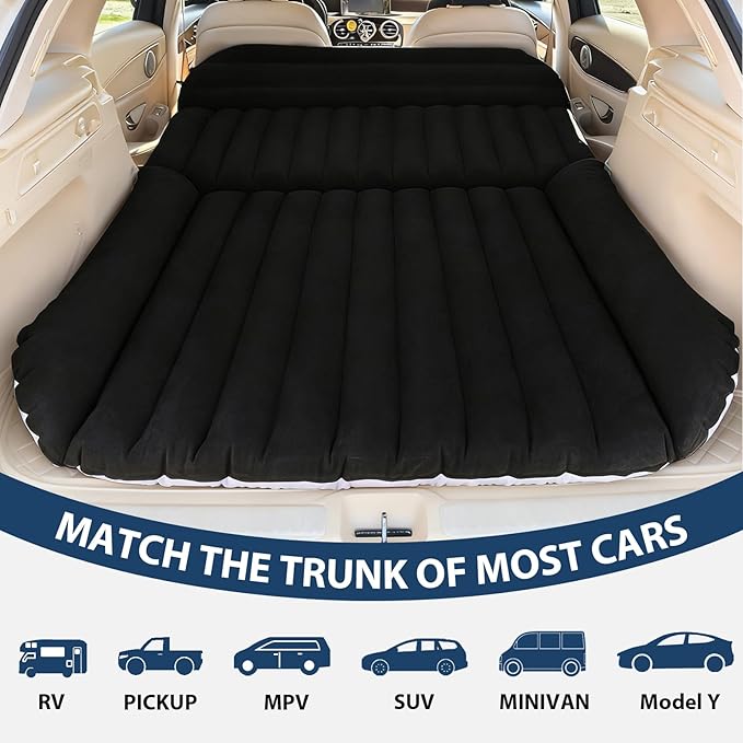 SUV Car Air Mattress – Inflatable Back Seat Bed with Electric Air Pump Portable Camping Travel Sleeping Pad Blow Up Car Bed (Black for SUV)