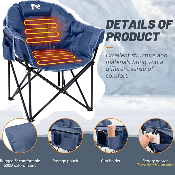 LILYPELLE Oversized Heated Camping Chair Patio Lounge Chairs with 3 Heat Levels Portable Folding Heated Chair Round Moon Saucer Folding Lawn Chair Outdoor Chair for Camping Lounge Patio